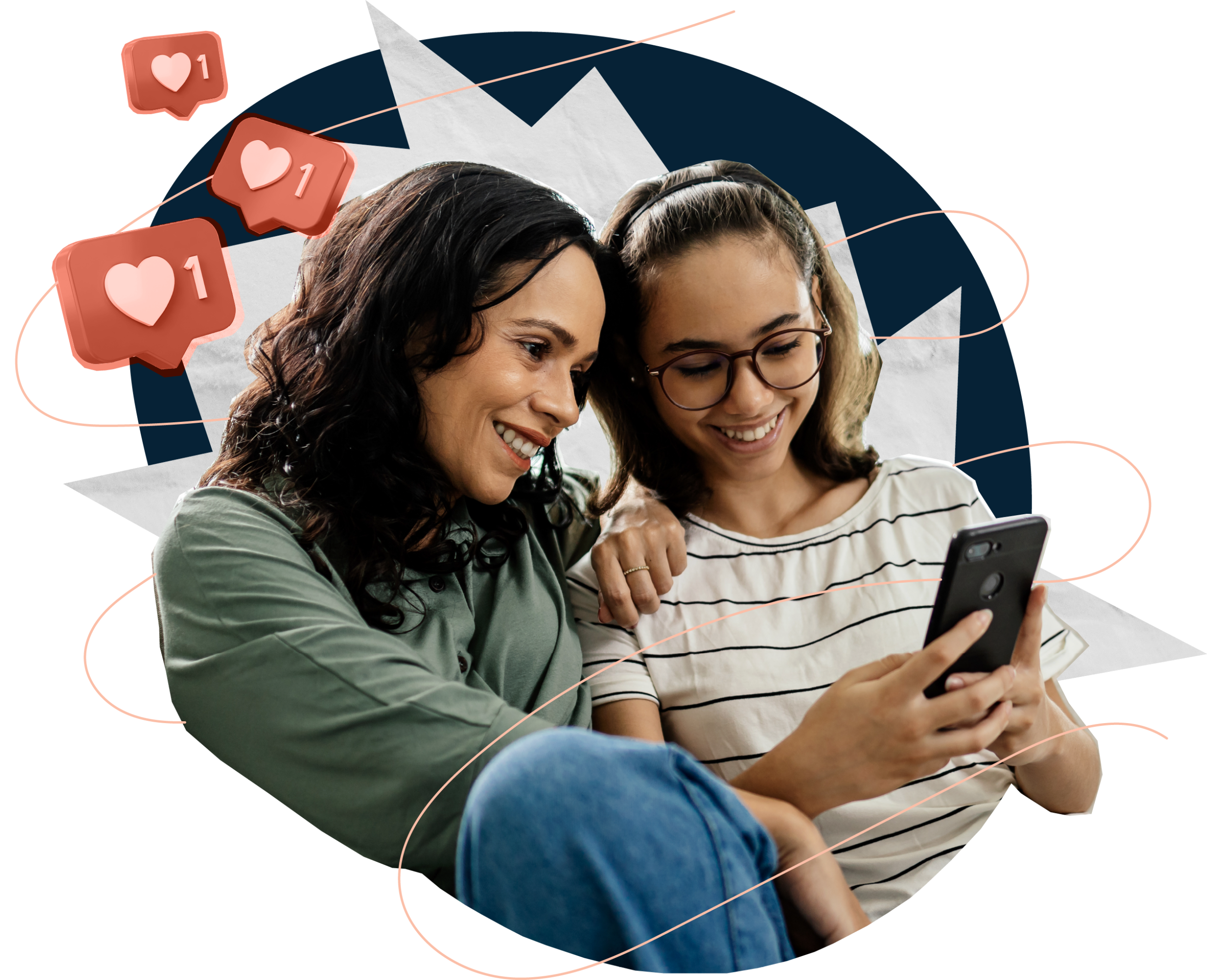 A smiling daughter and mother look at something on the daughter's phone.
